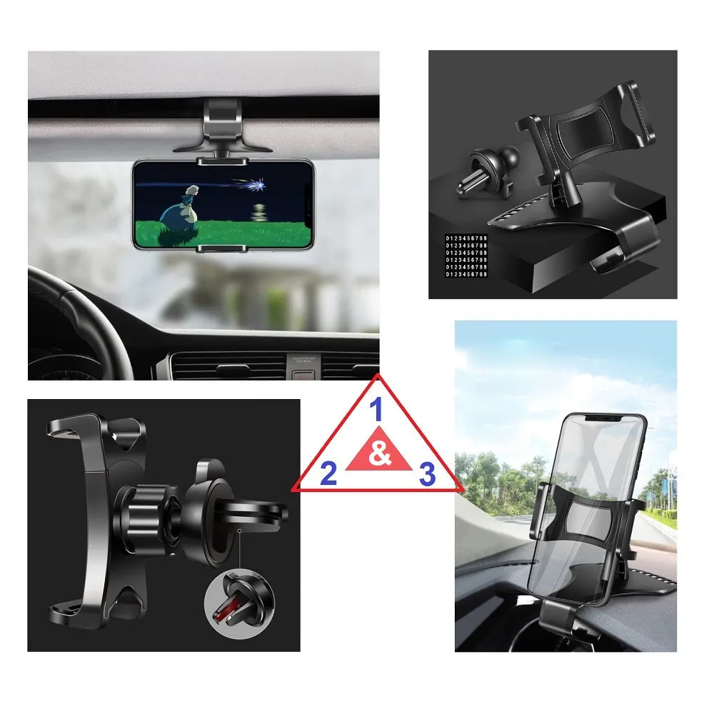 3 in 1 Car GPS Smartphone Holder: Dashboard / Visor Clamp   AC Grid Clip for Dell Venue, Thunder - Black