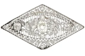 3.5 Carat Old European Cut Art Deco Diamond Brooch in Textured Filigree Platinum