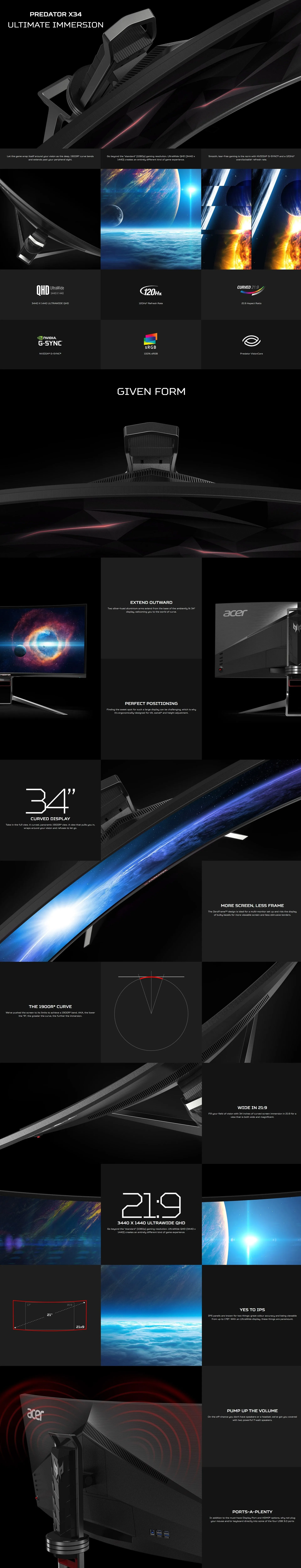 Acer Predator X34P 34" Curved Ultra Wide G Sync Gaming Monitor