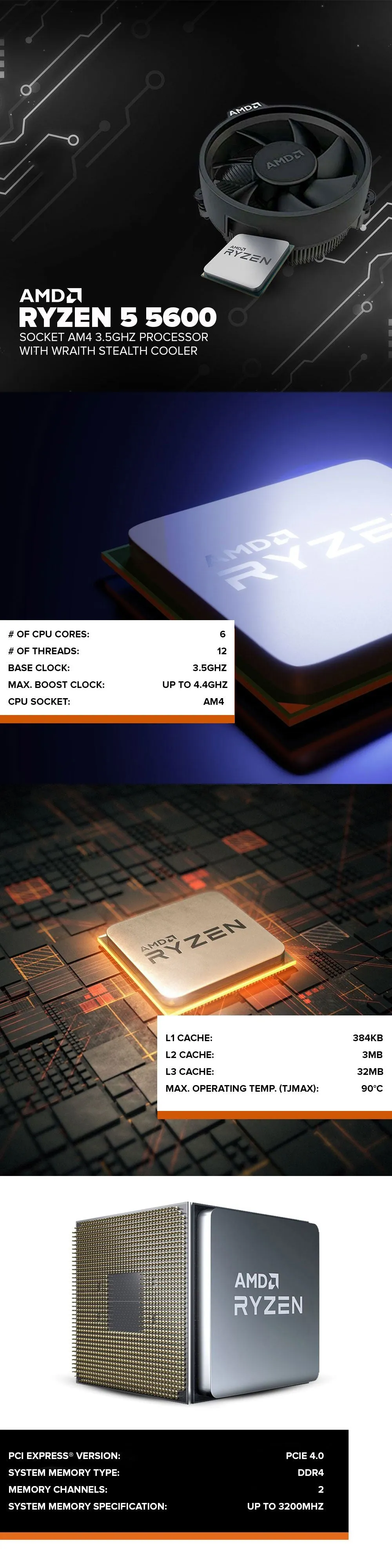AMD Ryzen 5 5600 Socket Am4 3.5GHz Processor with Wraith stealth cooler MPK Processor