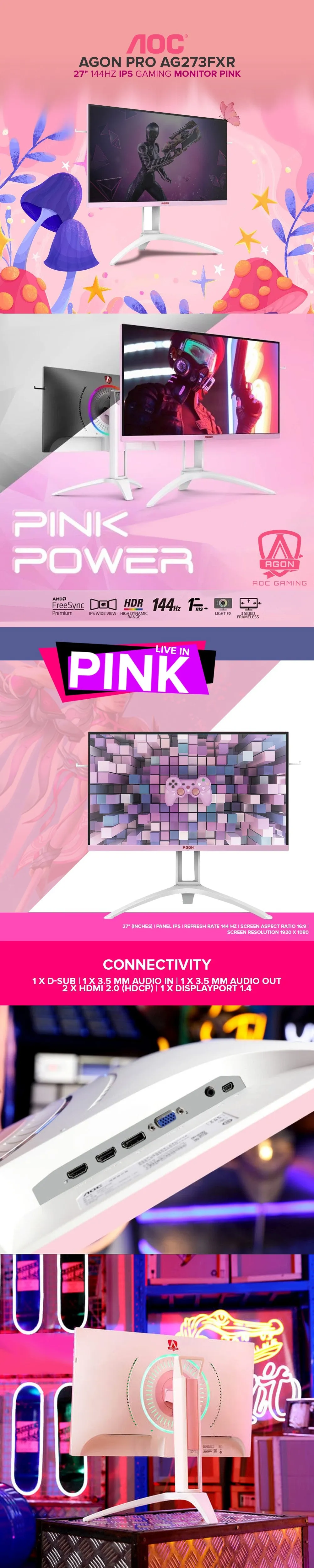 AOC AGON PRO AG273FXR 27" 144Hz IPS Panel FULL HD 1080P Gaming Monitor Pink
