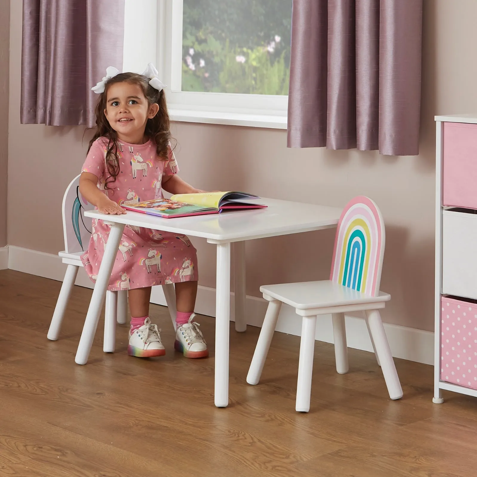 Children's Unicorn Wood Table and 2 Chairs Set | White | 2 Years  