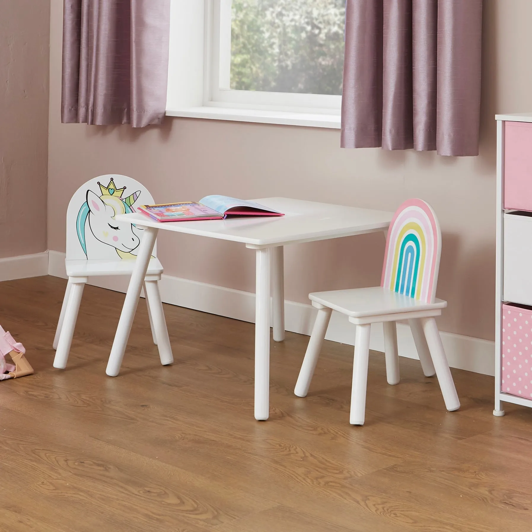 Children's Unicorn Wood Table and 2 Chairs Set | White | 2 Years  