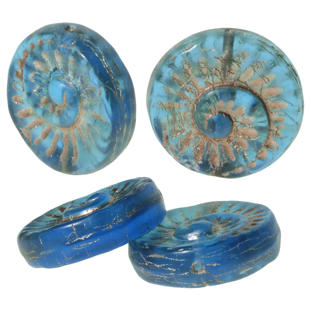 Czech Glass Beads, Coin Fossil 19mm, Aqua Blue Transparent with Platinum Wash, by Raven's Journey (10 Pieces)