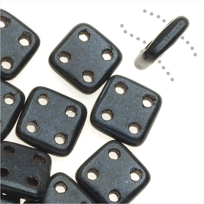 CzechMates Glass, QuadraTile 4-Hole Square Beads 6mm, Metallic Dark Blue Suede (2.5" Tube)