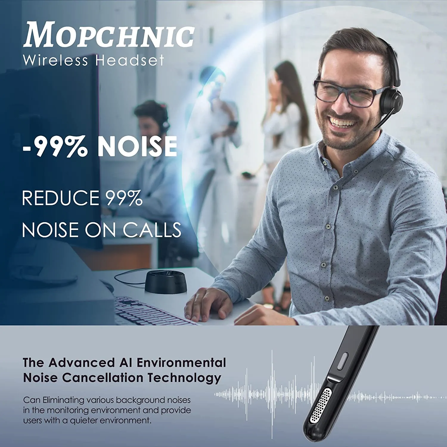 ITEM# 0132   Mopchnic Bluetooth Headset, Wireless Headset with Upgraded Microphone AI Noise Canceling, On Ear Bluetooth Headset with USB Dongle for Office Call Center Skype Zoom Meeting Online Class Trucker (Watch Video)