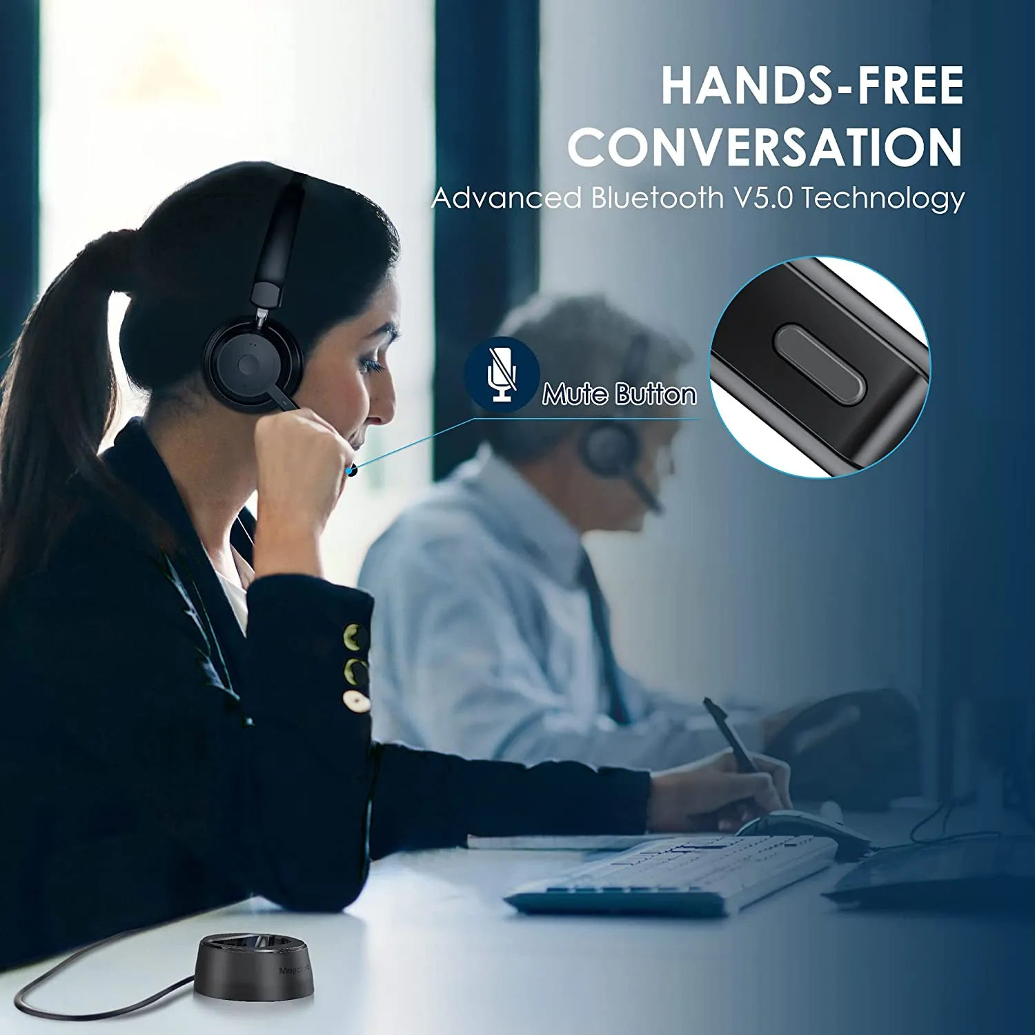 ITEM# 0132   Mopchnic Bluetooth Headset, Wireless Headset with Upgraded Microphone AI Noise Canceling, On Ear Bluetooth Headset with USB Dongle for Office Call Center Skype Zoom Meeting Online Class Trucker (Watch Video)