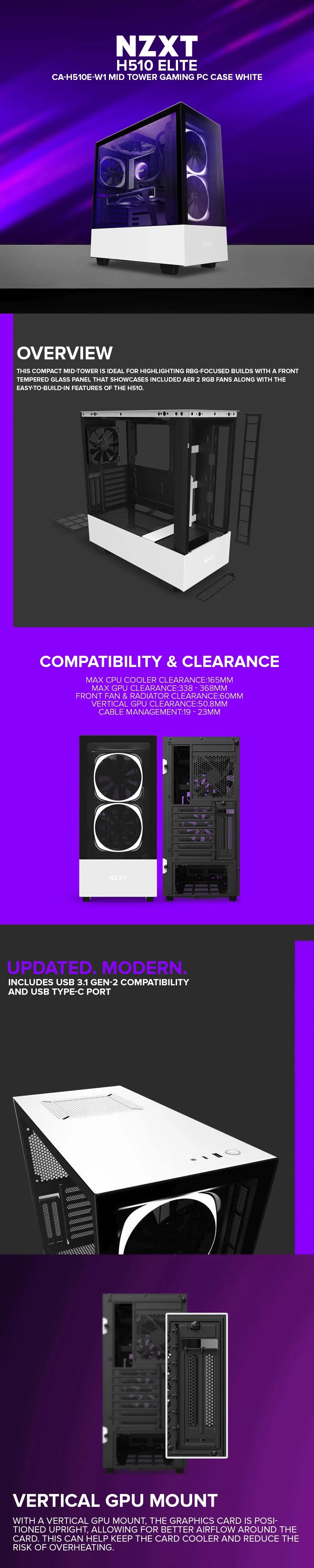NZXT H510 Elite CA-H510E-W1/B1 Mid Tower White and Black Great Aesthetics Gaming PC Case