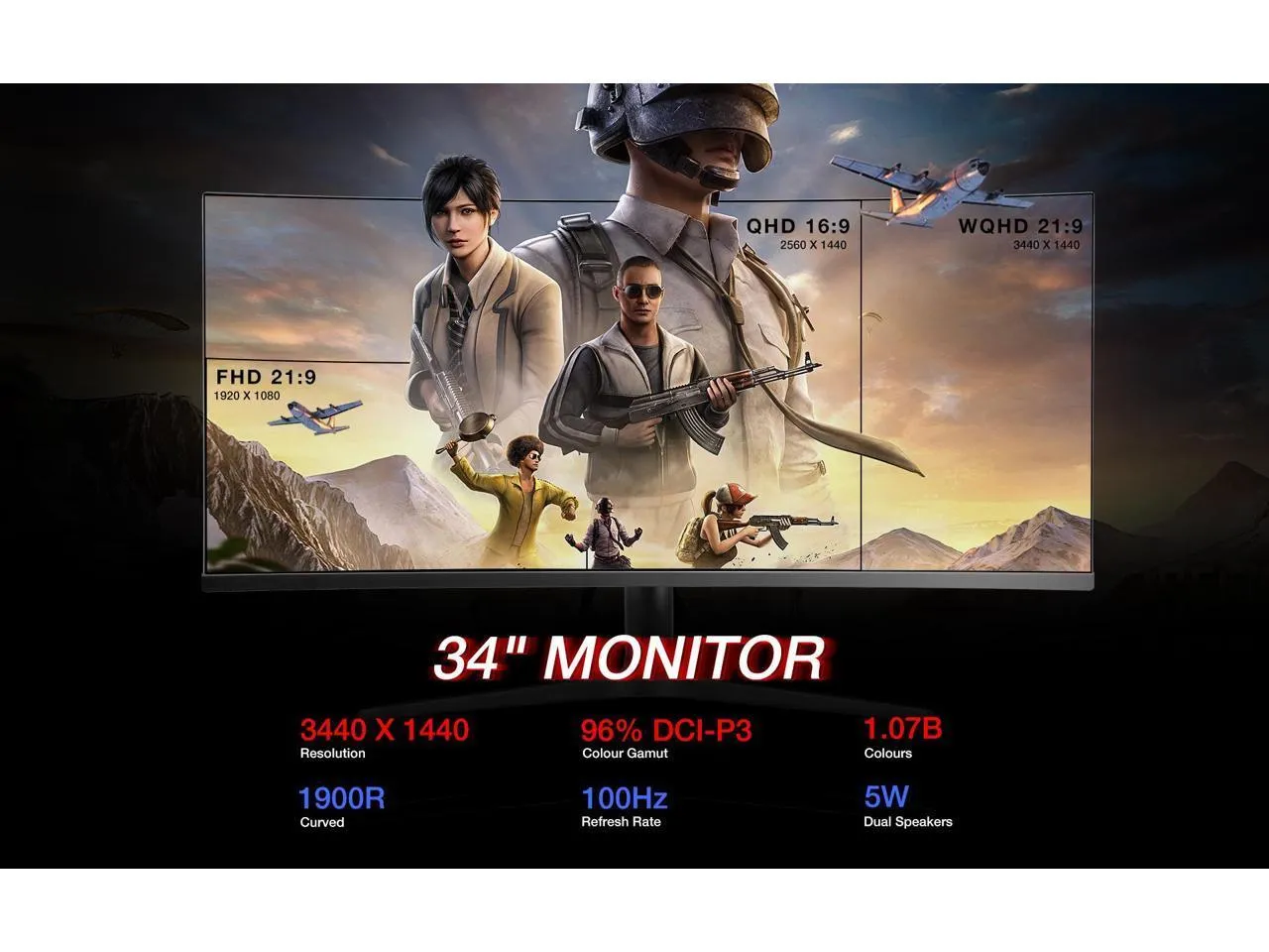 Rehisk RE-344KV1 - 34 Inch 100Hz QHD 3440 x 1440 IPS Curved Gaming computer Monitor