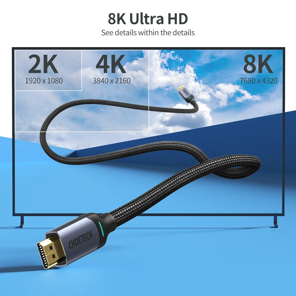 XHH01 8K HDMI 2.1 Cable 8K@60Hz 48Gbps (2M/6.6FT) Braided Cable