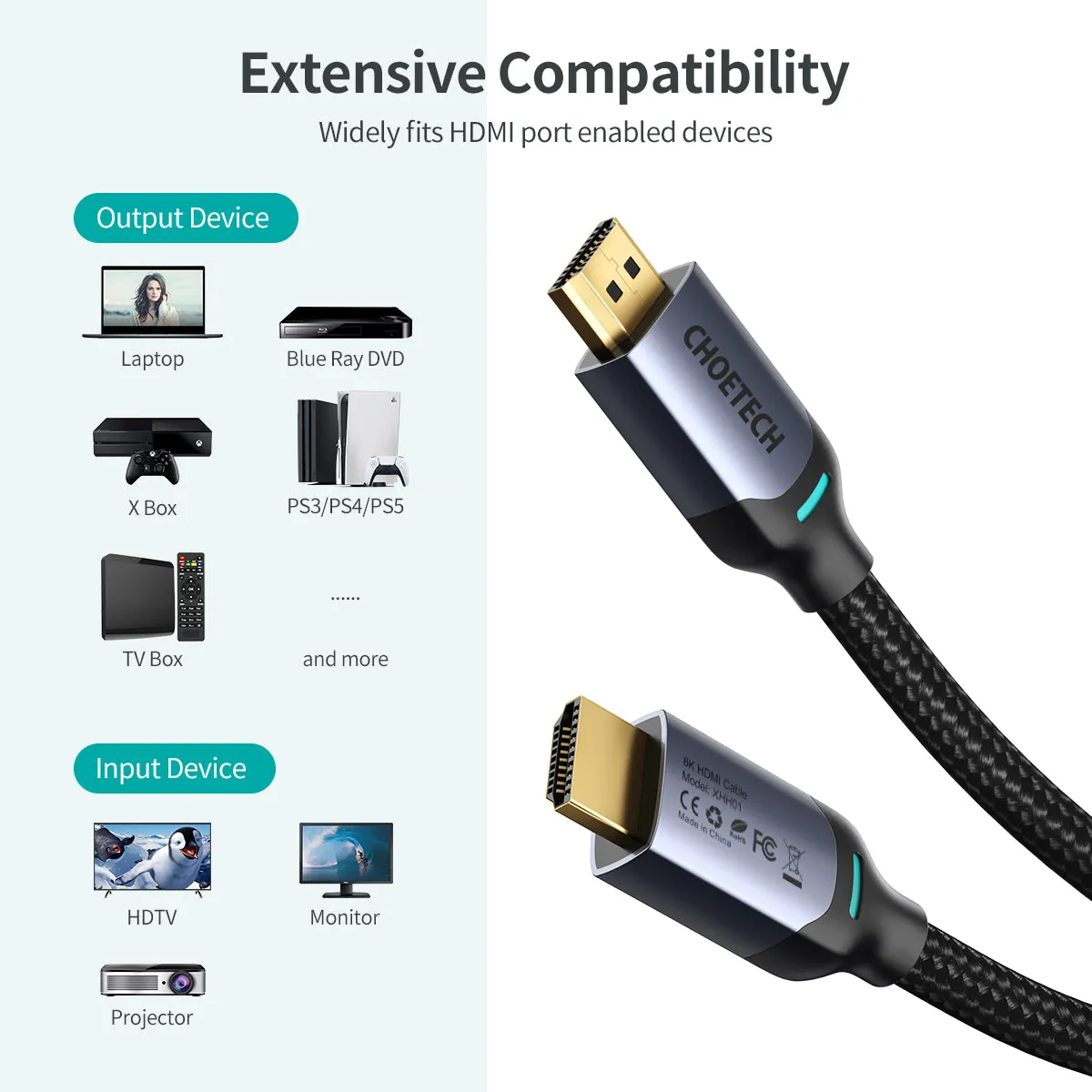 XHH01 8K HDMI 2.1 Cable 8K@60Hz 48Gbps (2M/6.6FT) Braided Cable